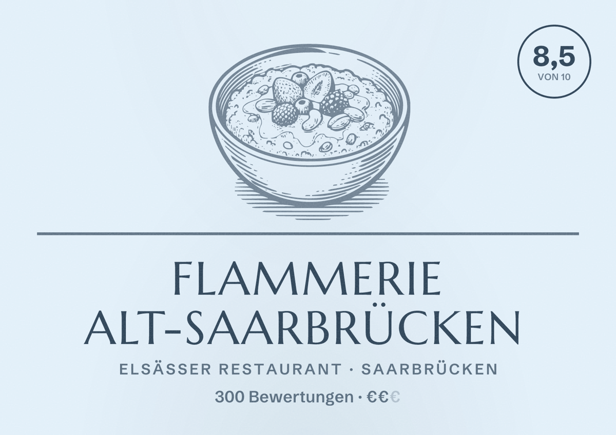 Illustriertes Poster von Flammerie Alt-Saarbrücken, Elsässer Restaurant in Saarbrücken: Bewertung 8,5 von 10 aus 300 Bewertungen, Preisniveau €€
