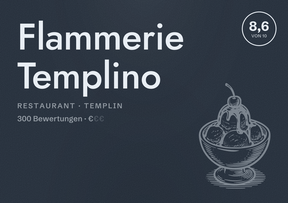 Illustriertes Poster von Flammerie Templino, Restaurant in Templin: Bewertung 8,6 von 10 aus 300 Bewertungen, Preisniveau €