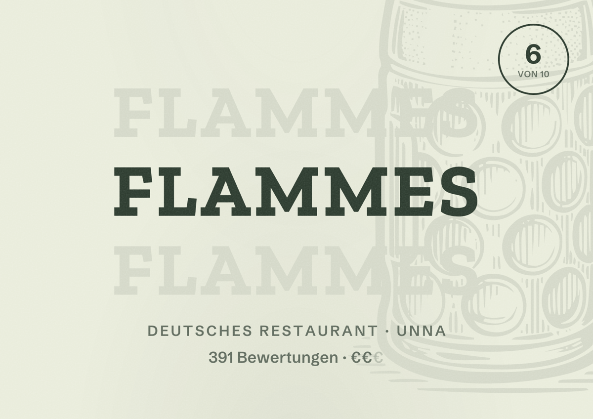 Illustriertes Poster von Flammes, Deutsches Restaurant in Unna: Bewertung 6 von 10 aus 391 Bewertungen, Preisniveau €€