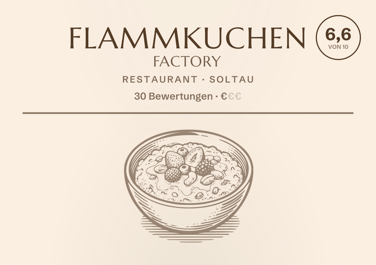 Illustriertes Poster von Flammkuchen Factory, Restaurant in Soltau: Bewertung 6,6 von 10 aus 30 Bewertungen, Preisniveau €