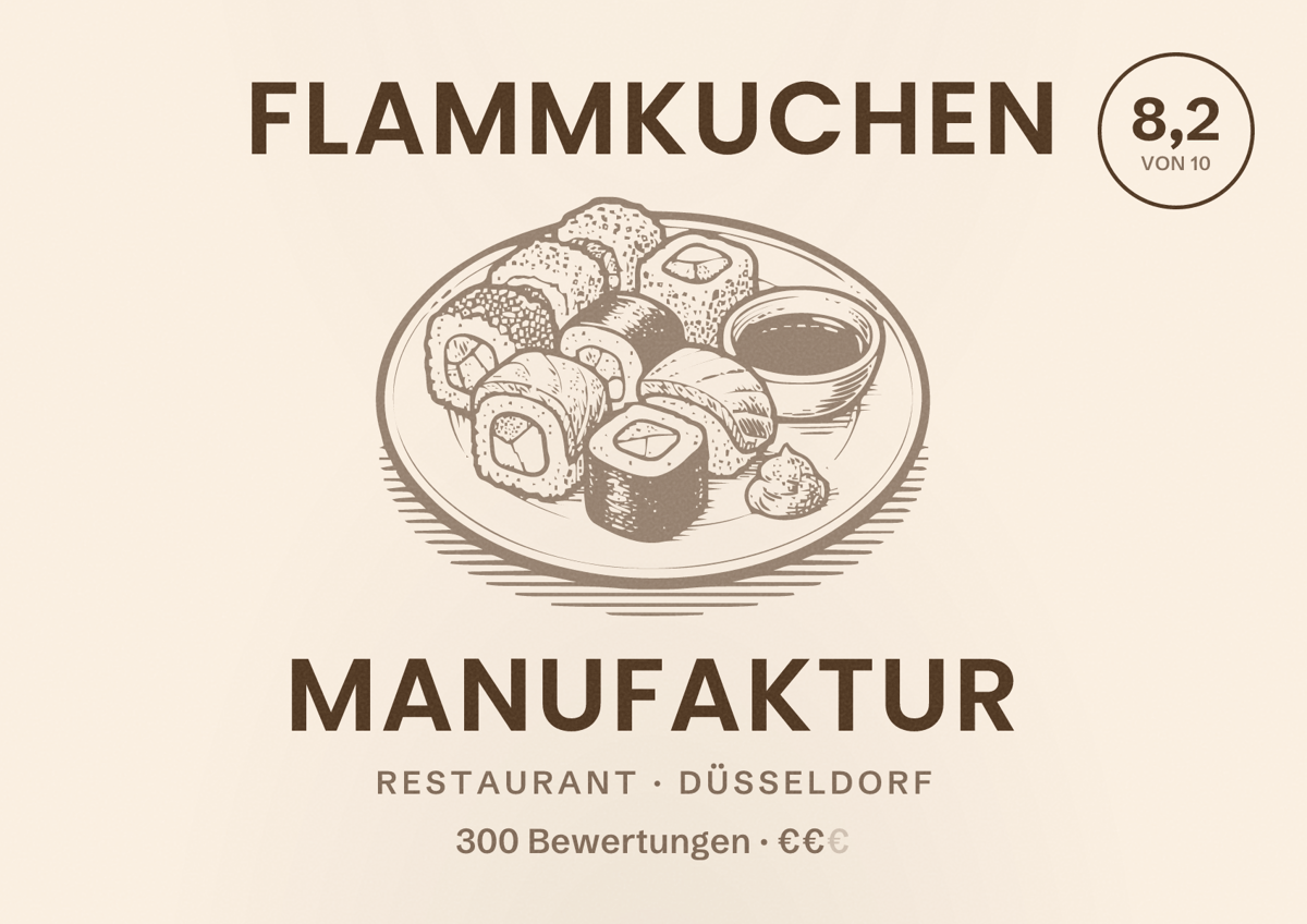 Illustriertes Poster von Flammkuchen Manufaktur, Restaurant in Düsseldorf: Bewertung 8,2 von 10 aus 300 Bewertungen, Preisniveau €€
