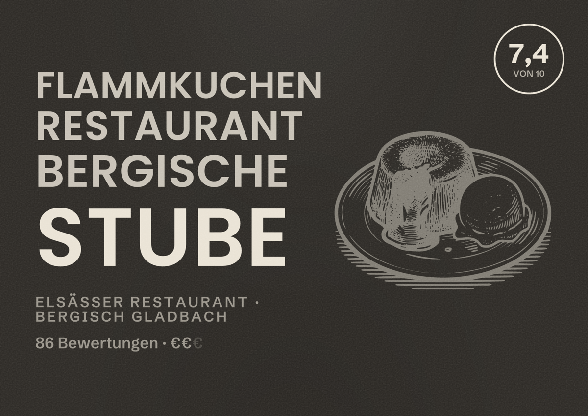 Illustriertes Poster von Flammkuchen Restaurant Bergische Stube, Elsässer Restaurant in Bergisch Gladbach: Bewertung 7,4 von 10 aus 86 Bewertungen, Preisniveau €€
