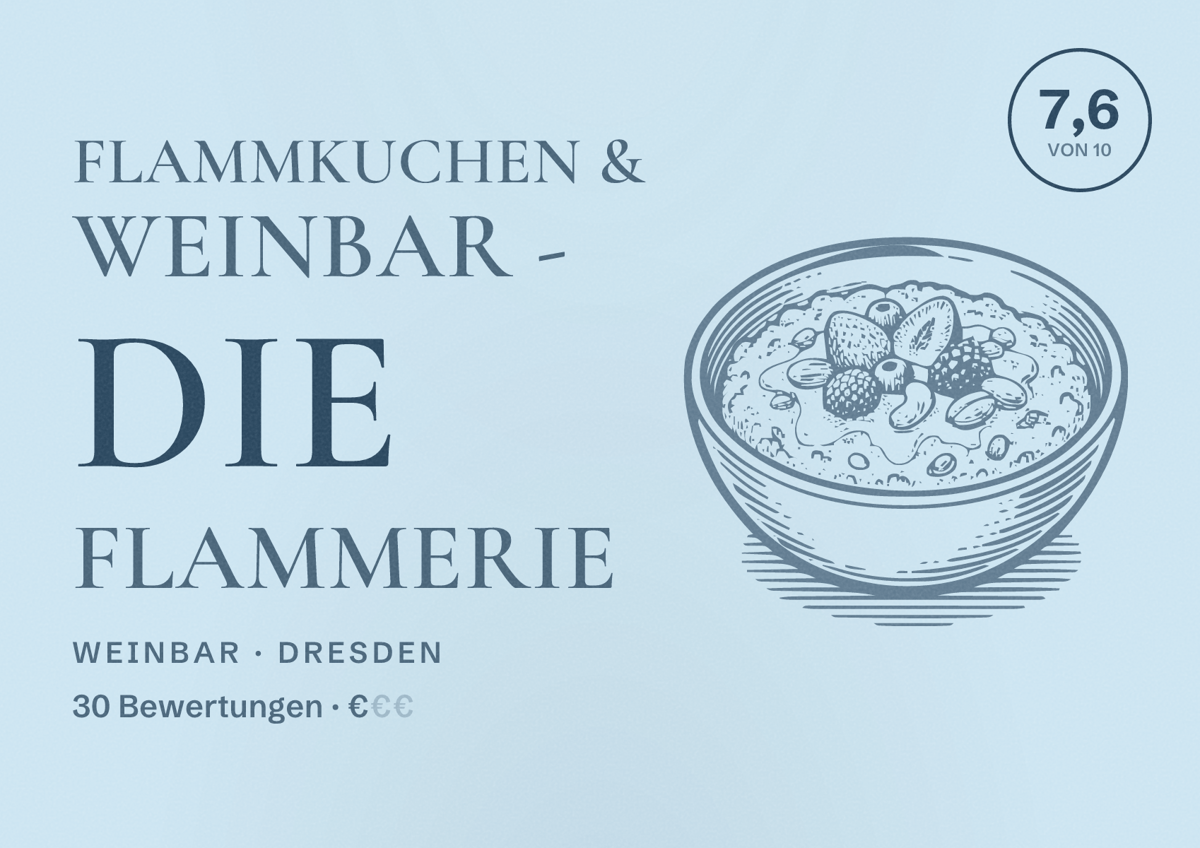 Illustriertes Poster von Flammkuchen & Weinbar - die Flammerie, Weinbar in Dresden: Bewertung 7,6 von 10 aus 30 Bewertungen, Preisniveau €