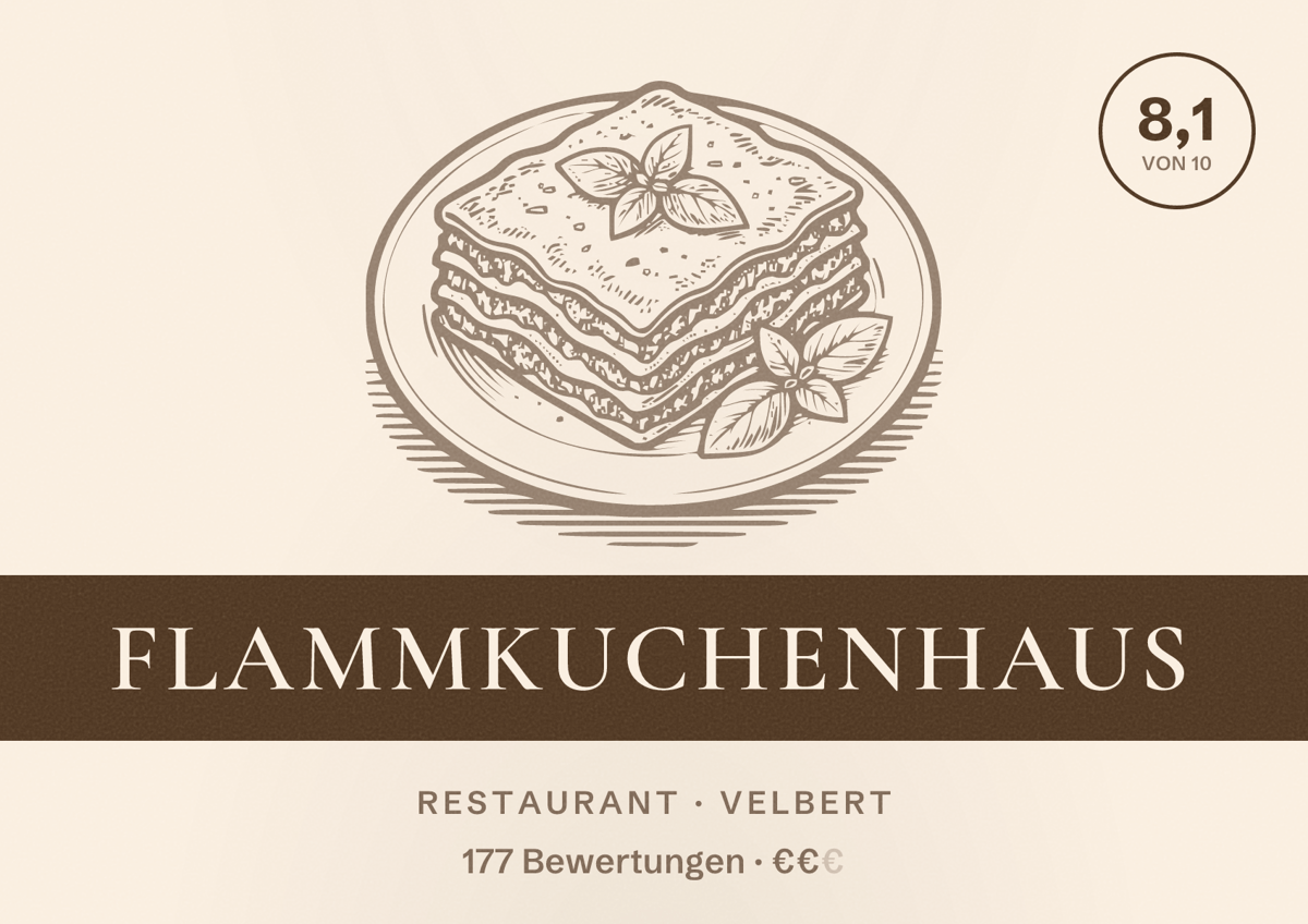 Illustriertes Poster von Flammkuchenhaus, Restaurant in Velbert: Bewertung 8,1 von 10 aus 177 Bewertungen, Preisniveau €€
