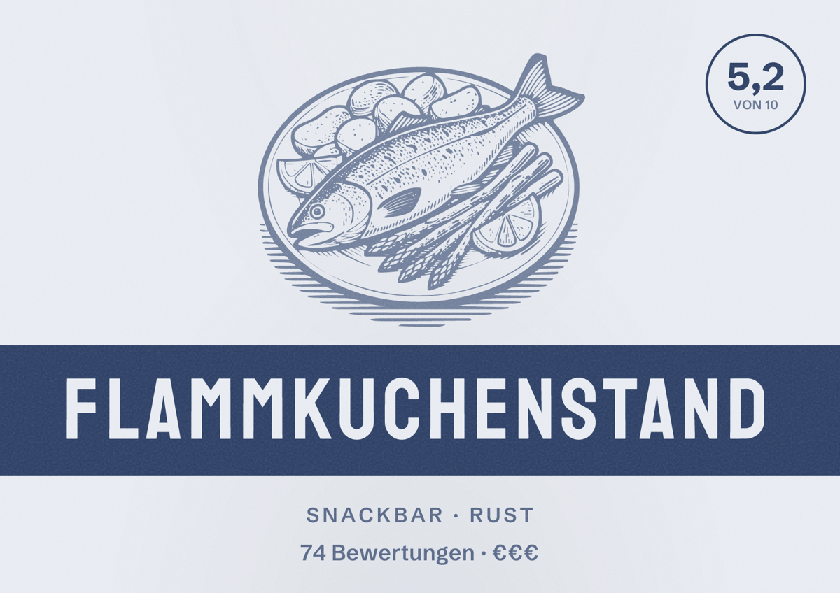 Illustriertes Poster von Flammkuchenstand, Snackbar in Rust: Bewertung 5,2 von 10 aus 74 Bewertungen, Preisniveau €€€