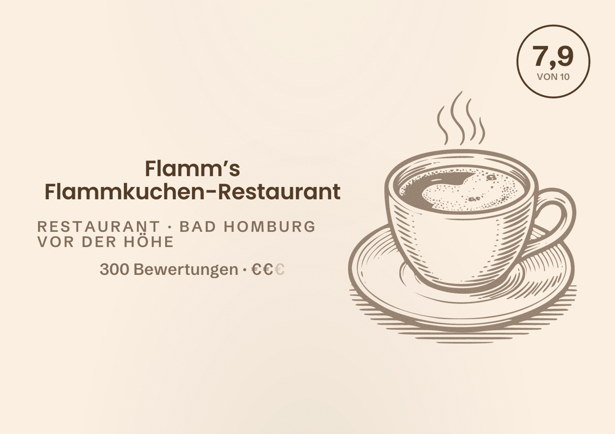 Illustriertes Poster von Flamm’s Flammkuchen-Restaurant, Restaurant in Bad Homburg vor der Höhe: Bewertung 7,9 von 10 aus 300 Bewertungen, Preisniveau €€