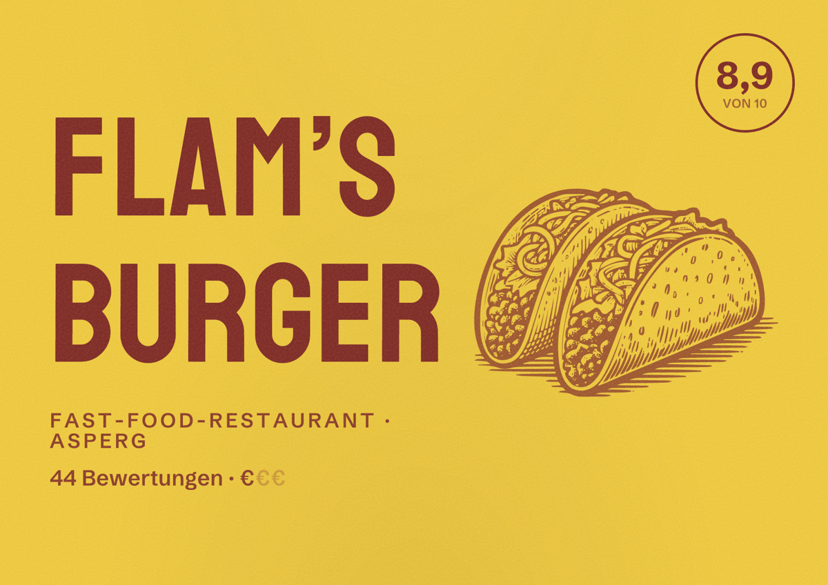 Illustriertes Poster von Flam’s Burger, Fast-Food-Restaurant in Asperg: Bewertung 8,9 von 10 aus 44 Bewertungen, Preisniveau €