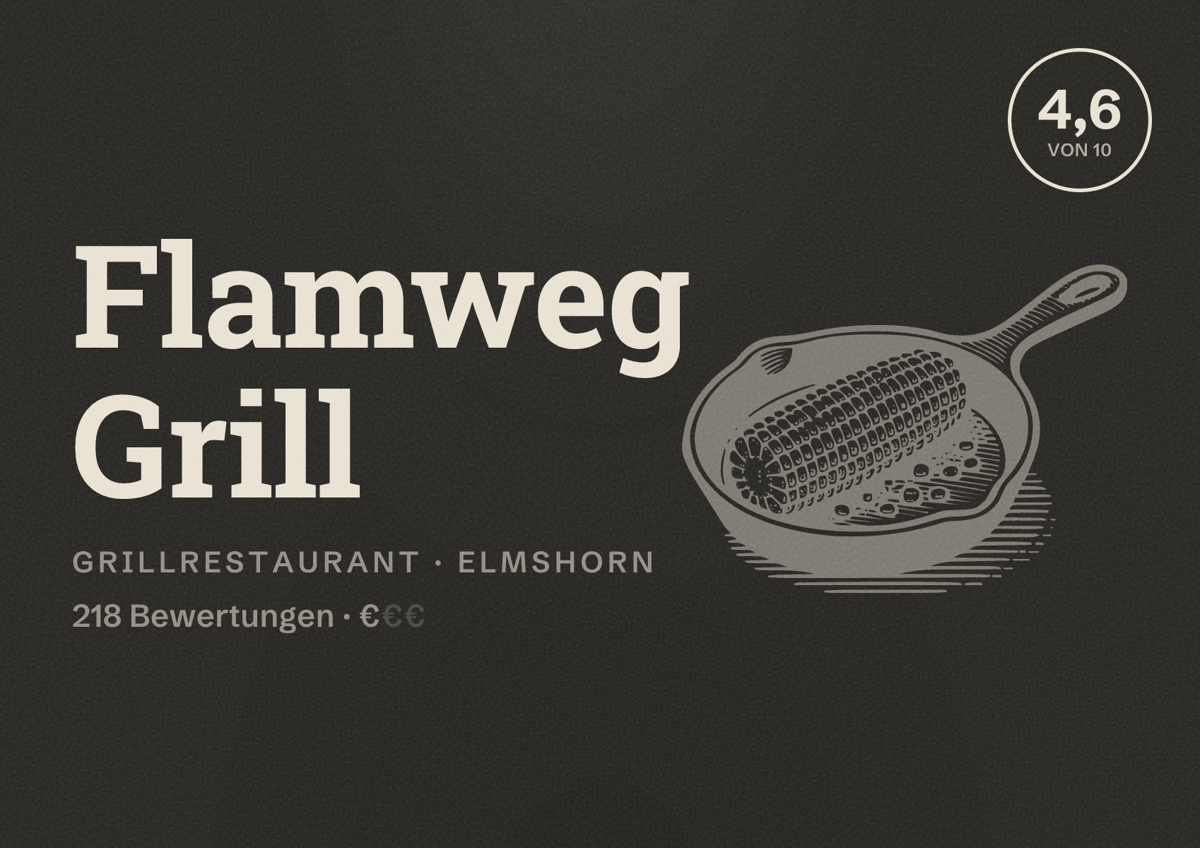 Illustriertes Poster von Flamweg Grill, Grillrestaurant in Elmshorn: Bewertung 4,6 von 10 aus 218 Bewertungen, Preisniveau €