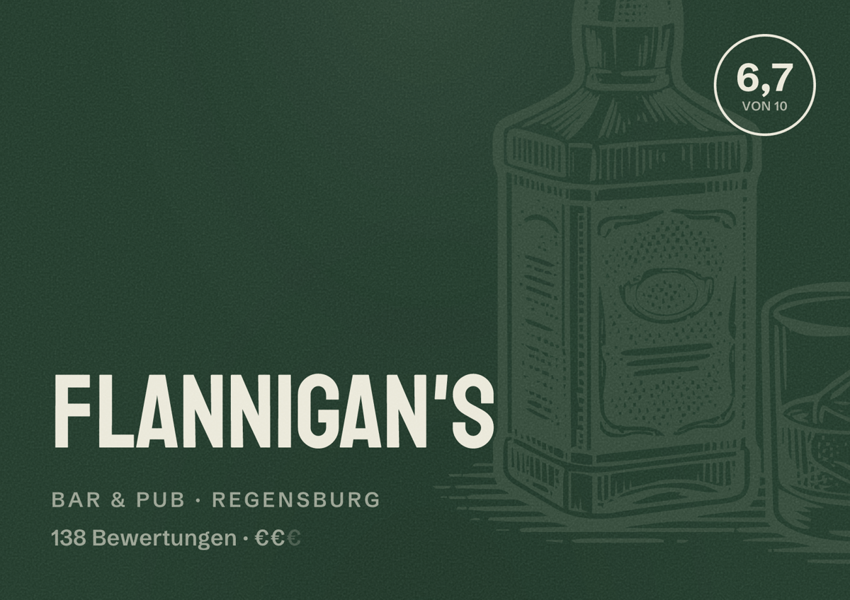 Illustriertes Poster von Flannigan's, Bar & Pub in Regensburg: Bewertung 6,7 von 10 aus 138 Bewertungen, Preisniveau €€