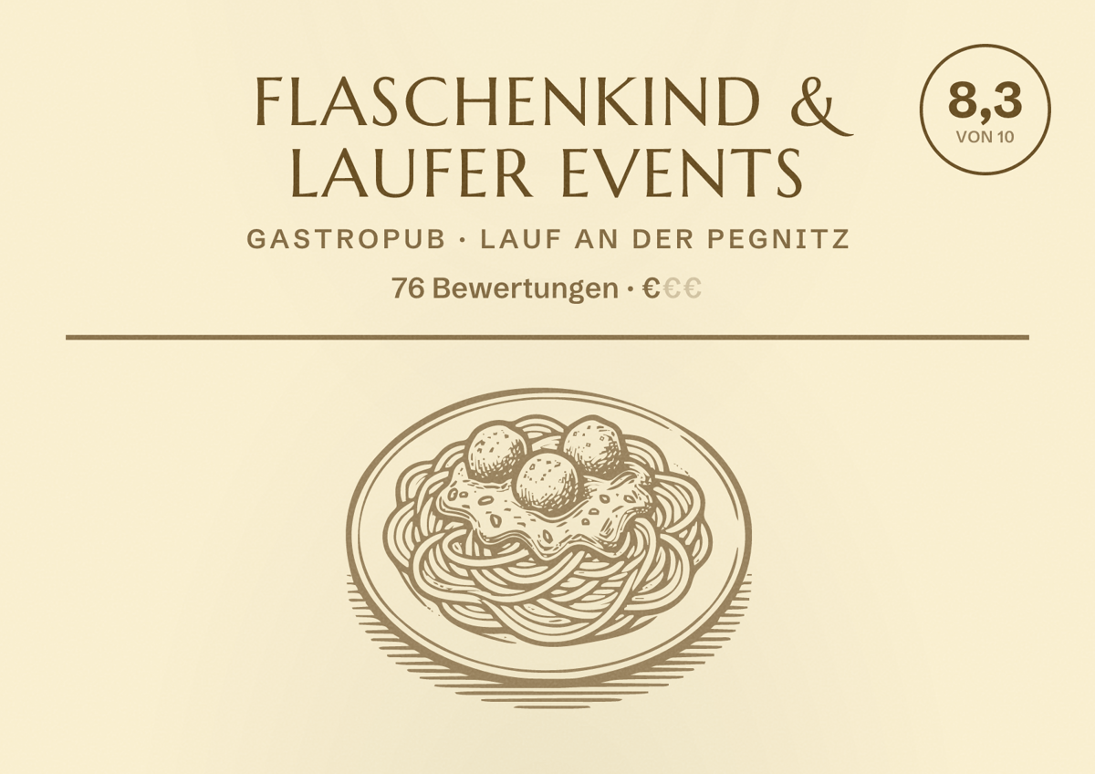 Illustriertes Poster von Flaschenkind & Laufer Events, Gastropub in Lauf an der Pegnitz: Bewertung 8,3 von 10 aus 76 Bewertungen, Preisniveau €