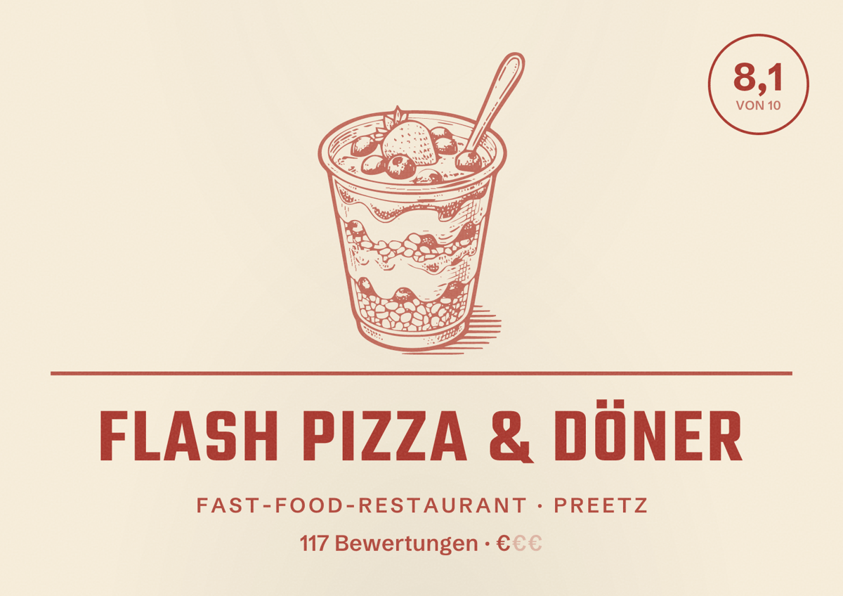 Illustriertes Poster von Flash Pizza & Döner, Fast-Food-Restaurant in Preetz: Bewertung 8,1 von 10 aus 117 Bewertungen, Preisniveau €