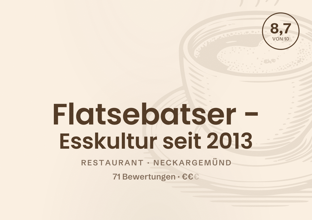 Illustriertes Poster von Flatsebatser - Esskultur seit 2013, Restaurant in Neckargemünd: Bewertung 8,7 von 10 aus 71 Bewertungen, Preisniveau €€