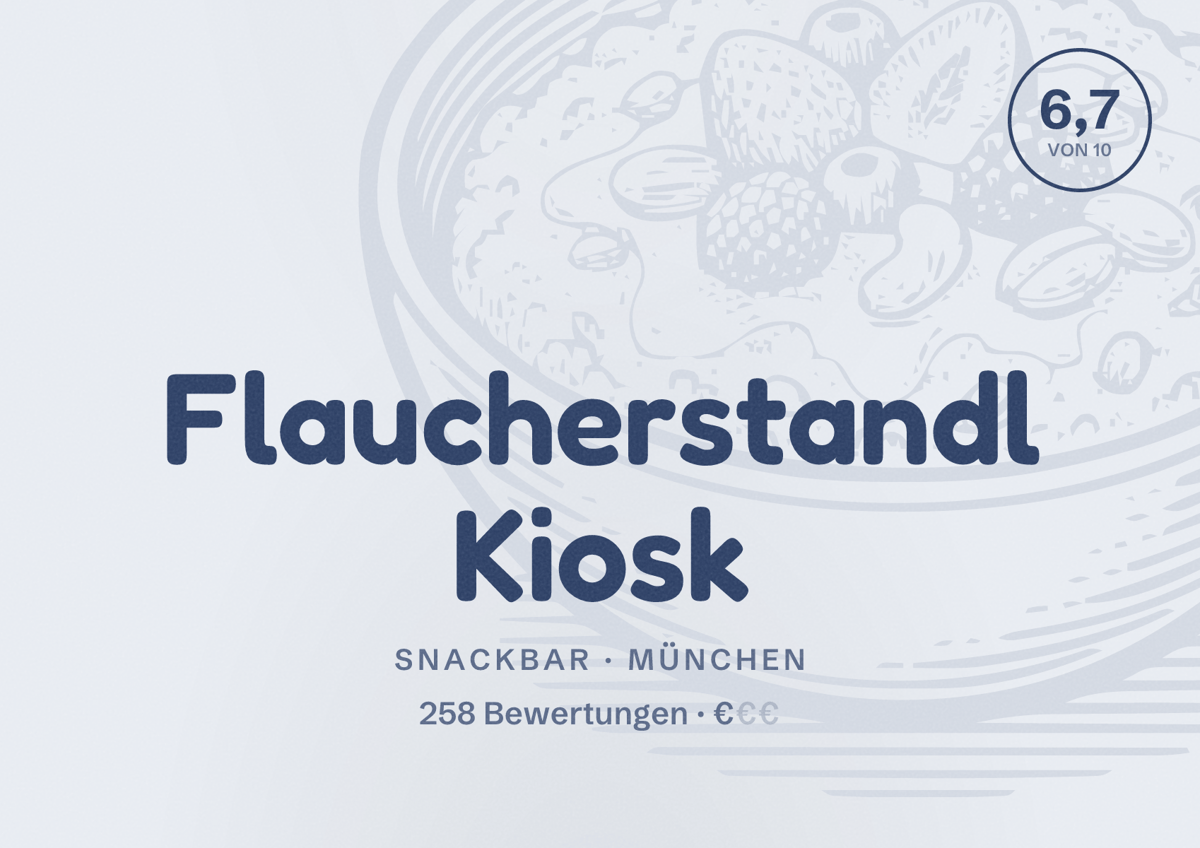 Illustriertes Poster von Flaucherstandl Kiosk, Snackbar in München: Bewertung 6,7 von 10 aus 258 Bewertungen, Preisniveau €