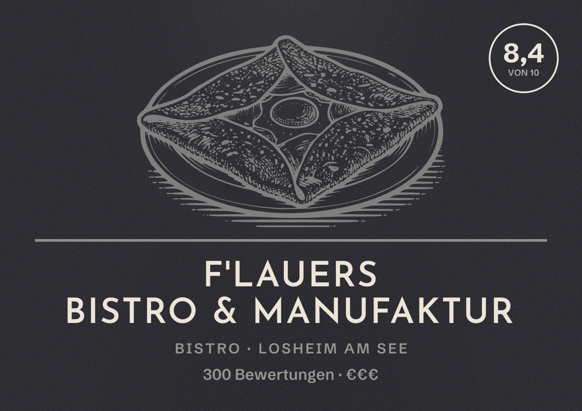Illustriertes Poster von F'LAUERS Bistro & Manufaktur, Bistro in Losheim am See: Bewertung 8,4 von 10 aus 300 Bewertungen, Preisniveau €€€