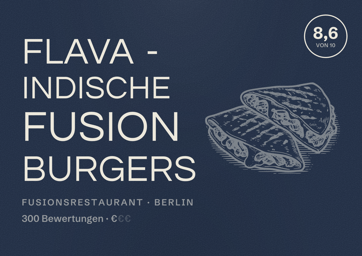 Illustriertes Poster von FLAVA - Indische Fusion Burgers, Fusionsrestaurant in Berlin: Bewertung 8,6 von 10 aus 300 Bewertungen, Preisniveau €