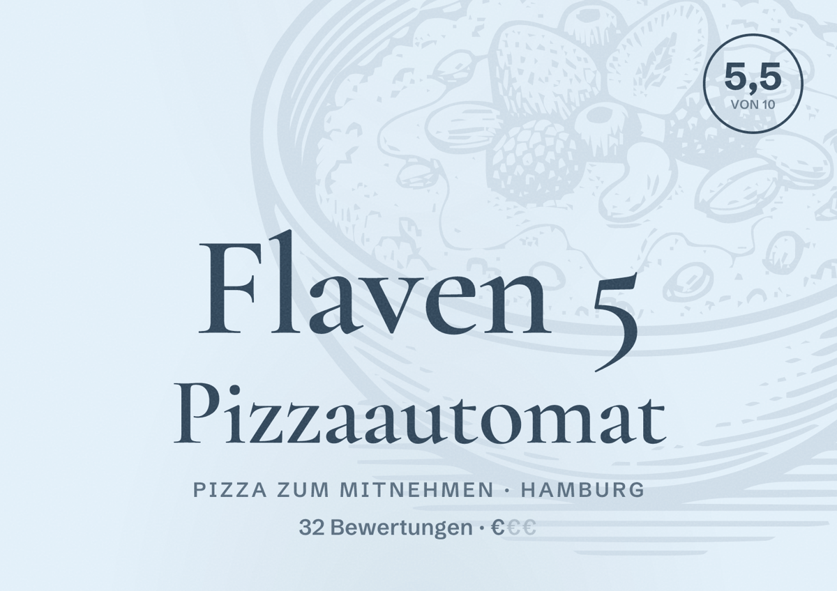 Illustriertes Poster von Flaven 5 Pizzaautomat, Pizza zum Mitnehmen in Hamburg: Bewertung 5,5 von 10 aus 32 Bewertungen, Preisniveau €