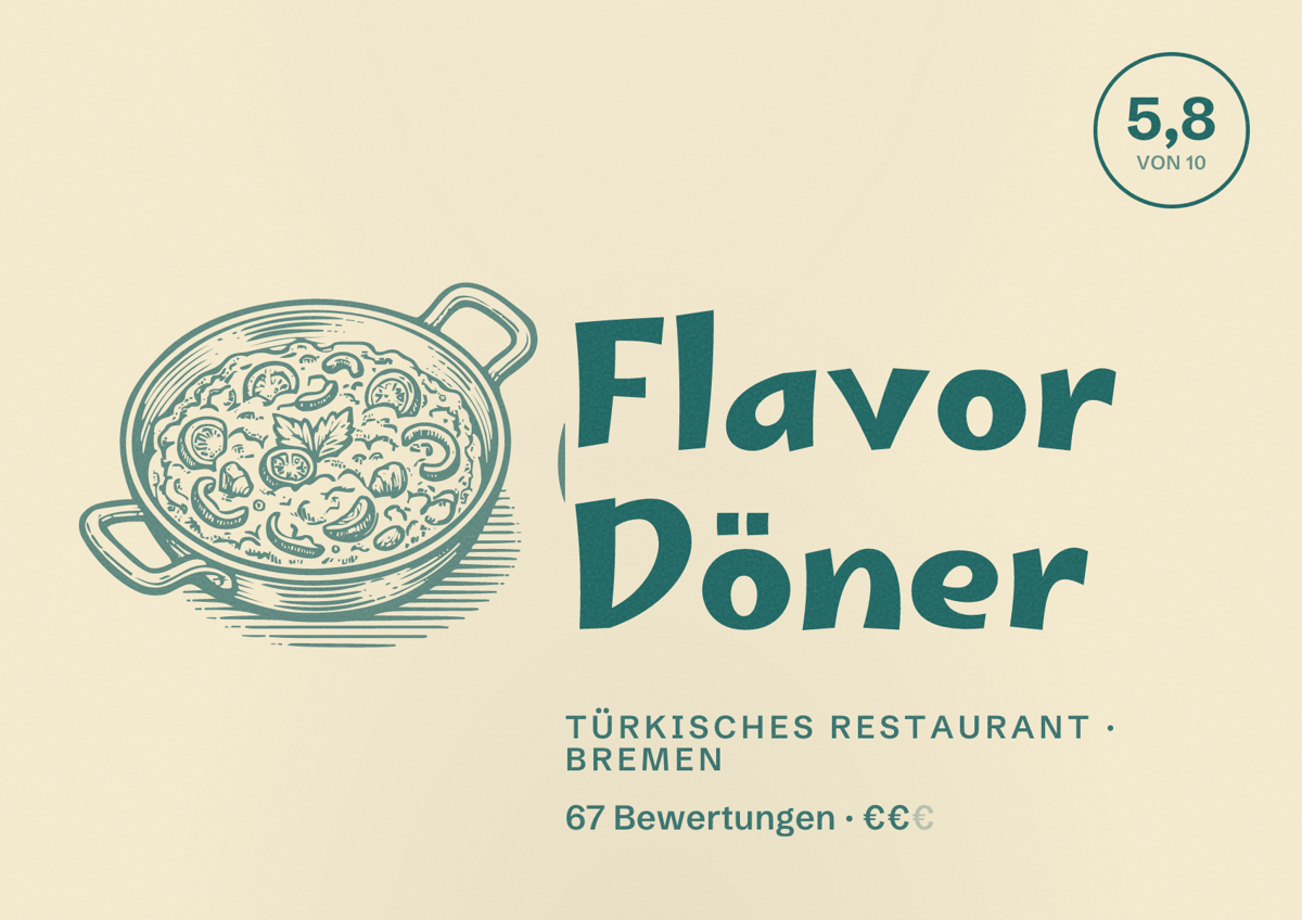 Illustriertes Poster von Flavor Döner, Türkisches Restaurant in Bremen: Bewertung 5,8 von 10 aus 67 Bewertungen, Preisniveau €€