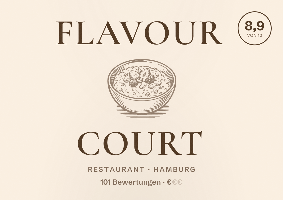 Illustriertes Poster von Flavour Court, Restaurant in Hamburg: Bewertung 8,9 von 10 aus 101 Bewertungen, Preisniveau €