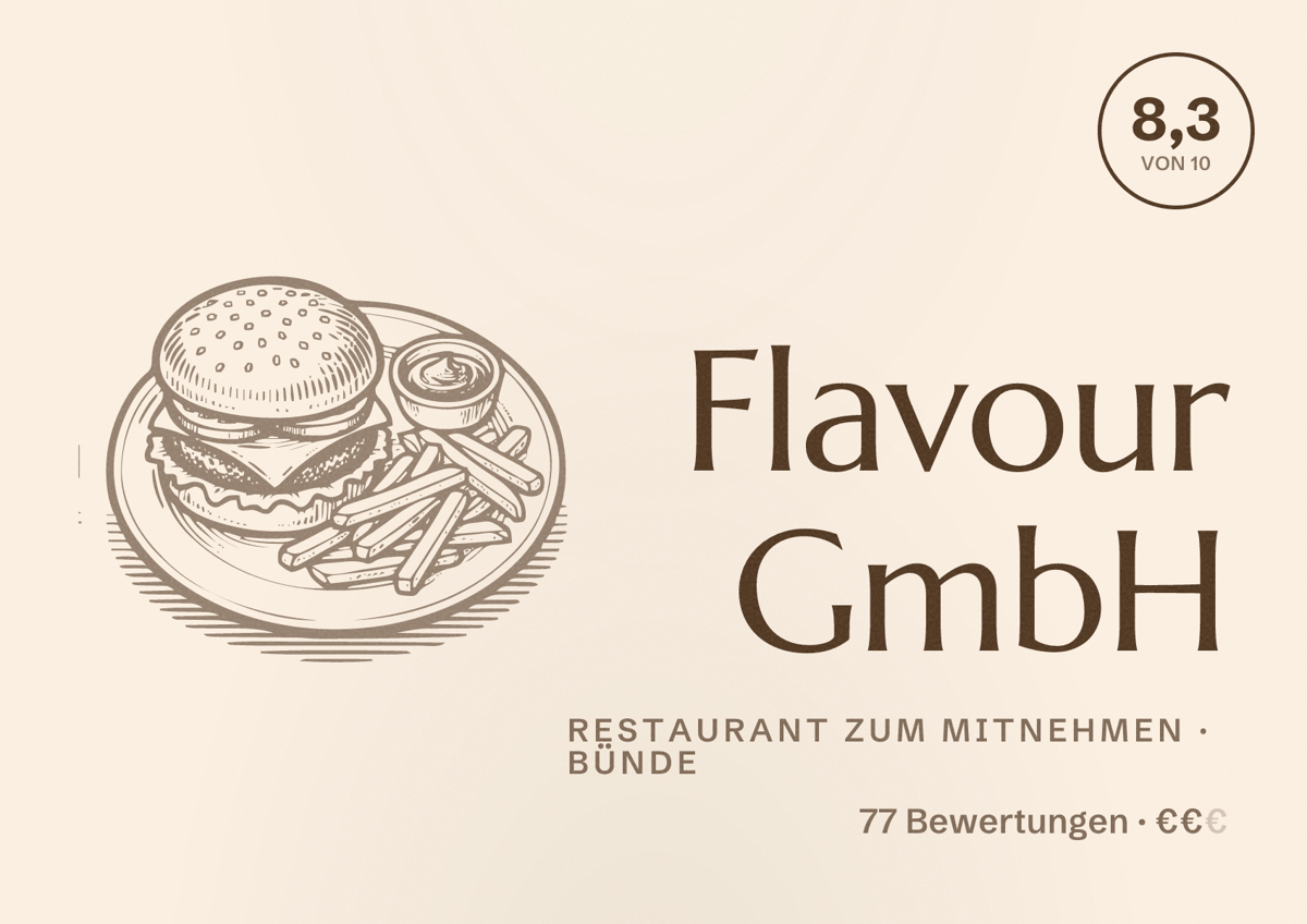 Illustriertes Poster von Flavour GmbH, Restaurant zum Mitnehmen in Bünde: Bewertung 8,3 von 10 aus 77 Bewertungen, Preisniveau €€