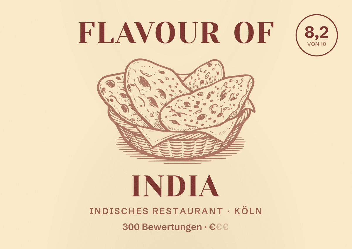 Illustriertes Poster von Flavour Of India, Indisches Restaurant in Köln: Bewertung 8,2 von 10 aus 300 Bewertungen, Preisniveau €