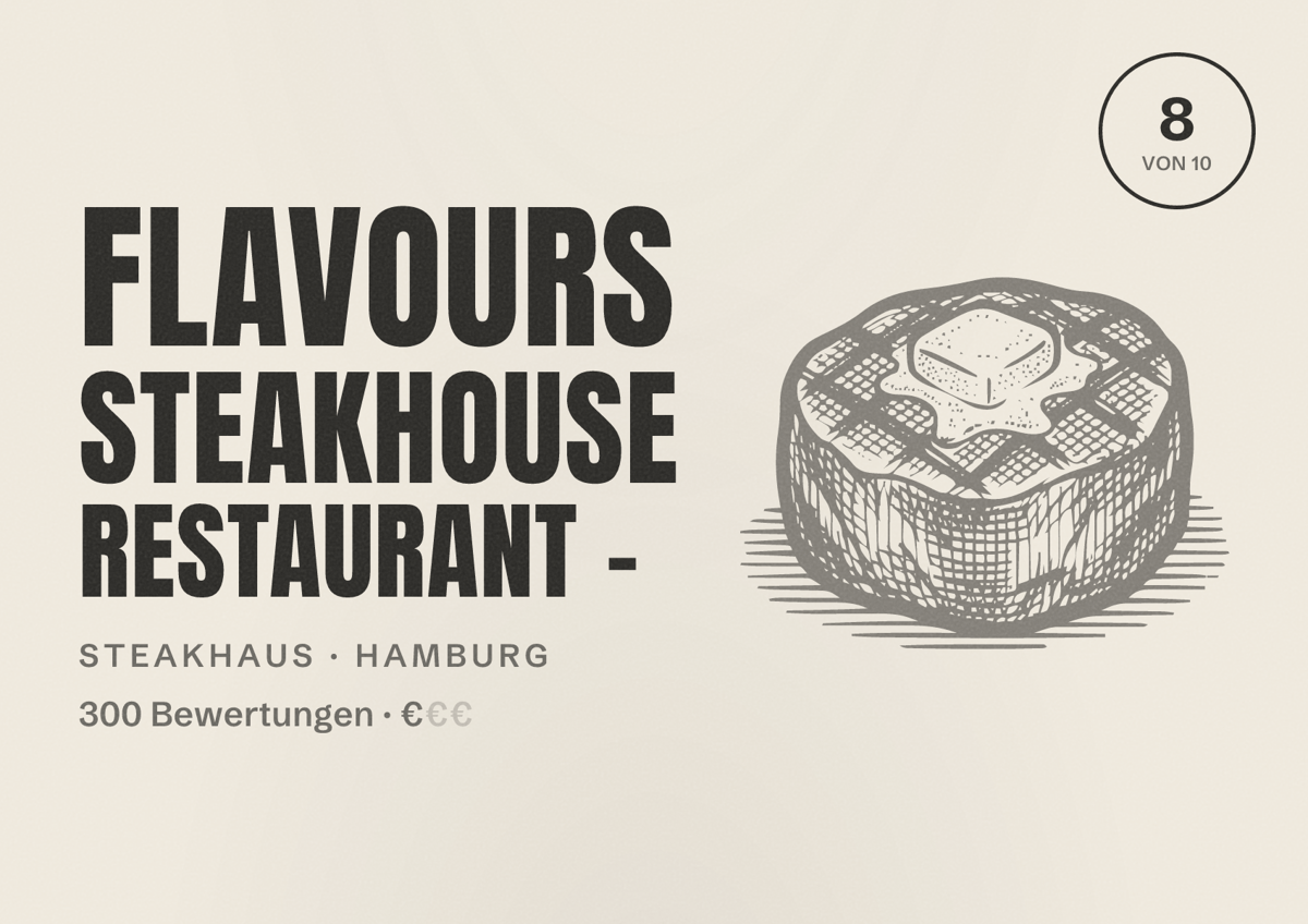 Illustriertes Poster von Flavours Steakhouse Restaurant -, Steakhaus in Hamburg: Bewertung 8,0 von 10 aus 300 Bewertungen, Preisniveau €