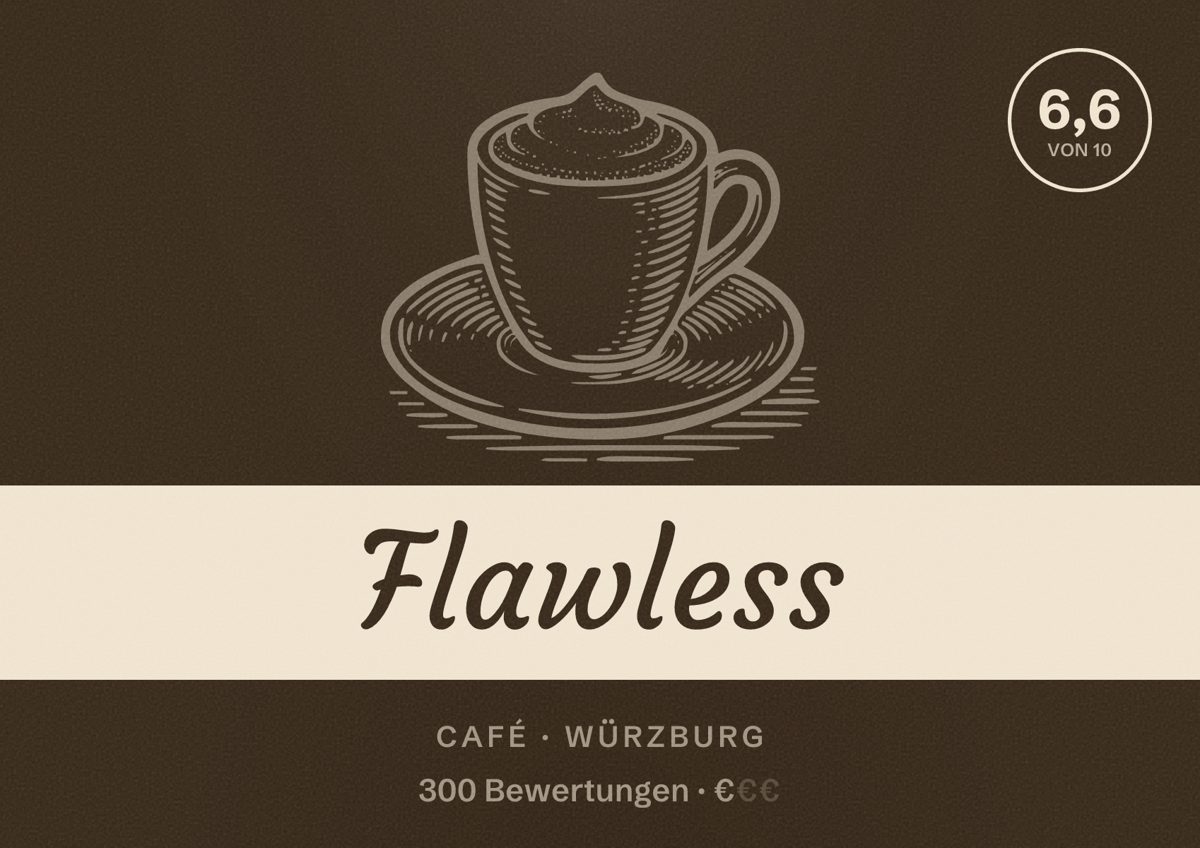 Illustriertes Poster von Flawless, Café in Würzburg: Bewertung 6,6 von 10 aus 300 Bewertungen, Preisniveau €