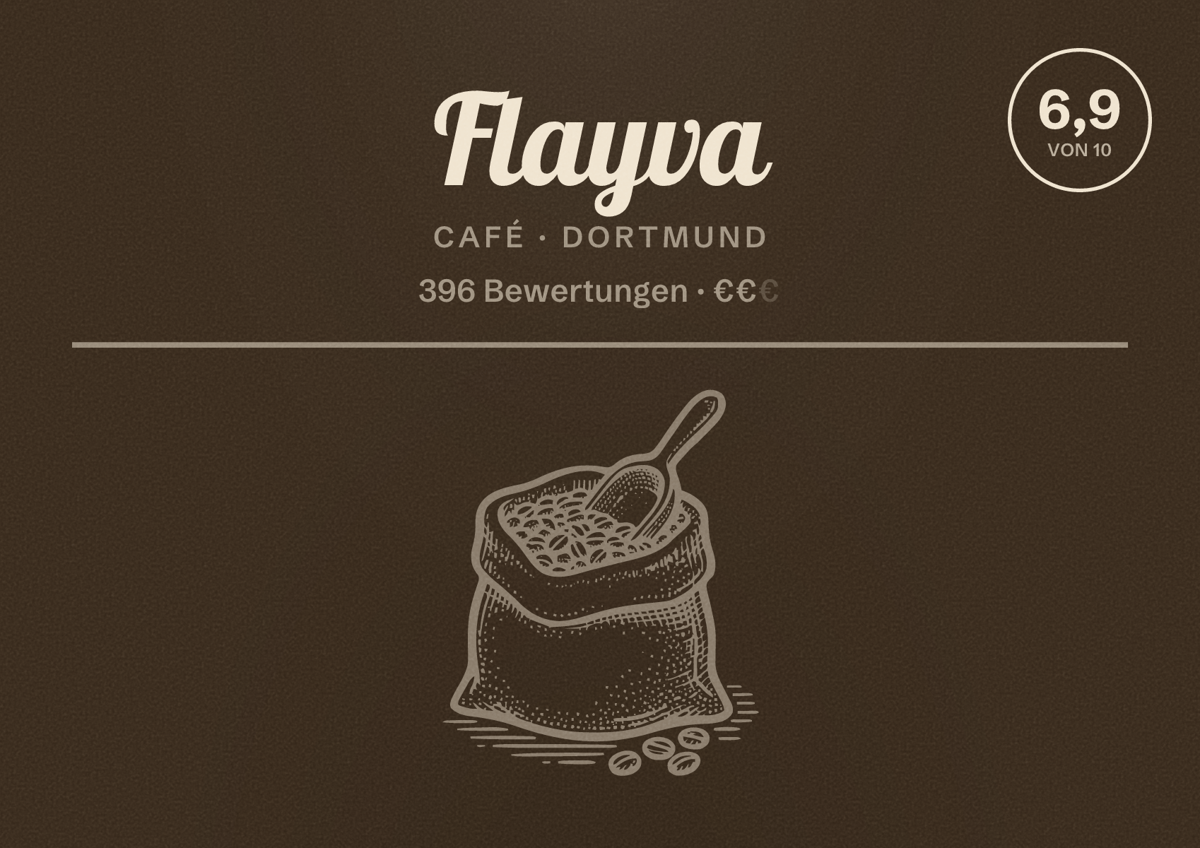Illustriertes Poster von Flayva, Café in Dortmund: Bewertung 6,9 von 10 aus 396 Bewertungen, Preisniveau €€