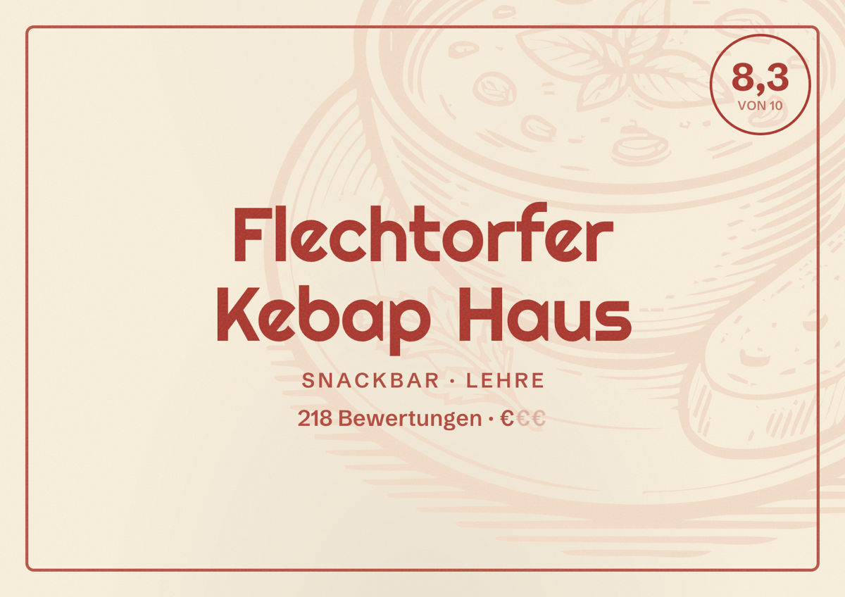 Illustriertes Poster von Flechtorfer Kebap Haus, Snackbar in Lehre: Bewertung 8,3 von 10 aus 218 Bewertungen, Preisniveau €