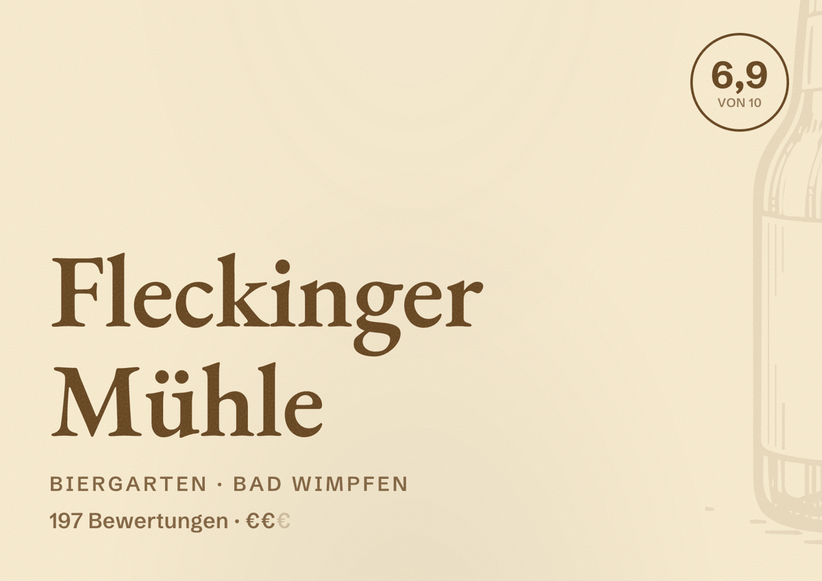 Illustriertes Poster von Fleckinger Mühle, Biergarten in Bad Wimpfen: Bewertung 6,9 von 10 aus 197 Bewertungen, Preisniveau €€