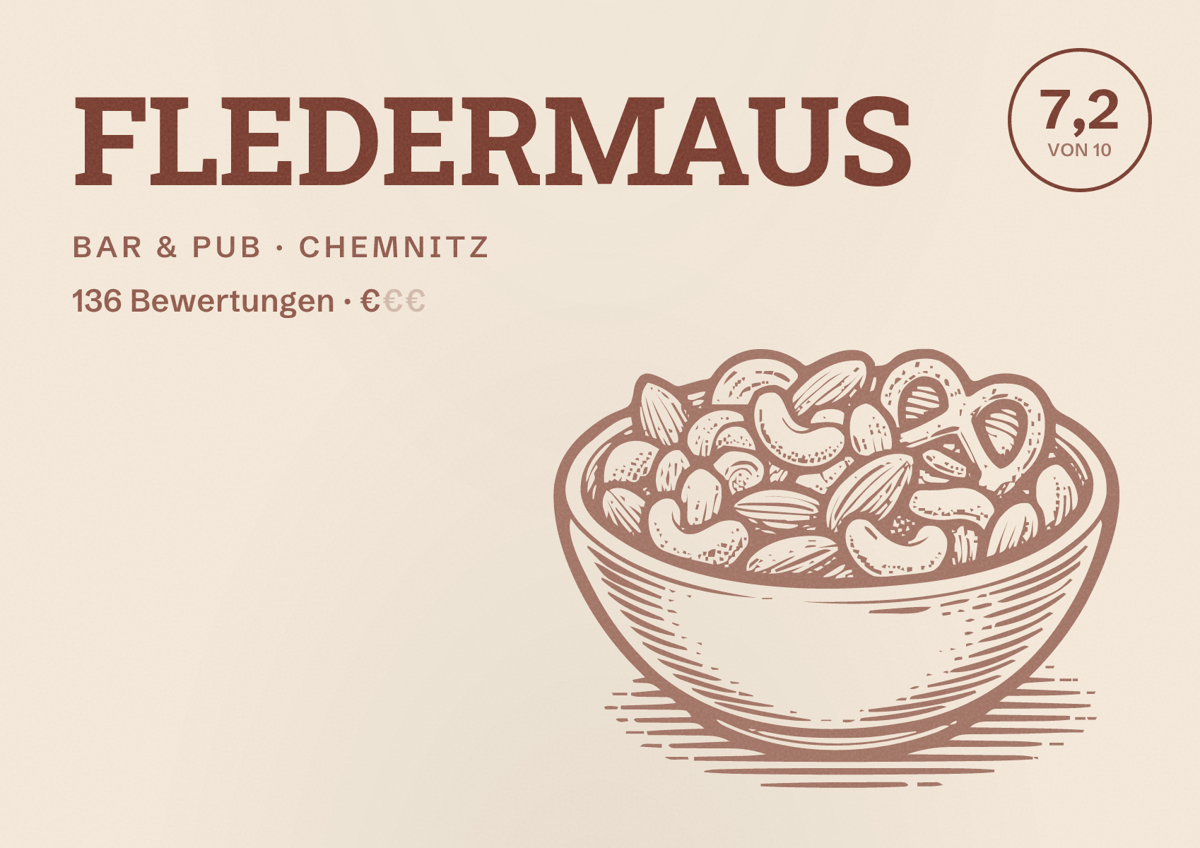 Illustriertes Poster von FLEDERMAUS, Bar & Pub in Chemnitz: Bewertung 7,2 von 10 aus 136 Bewertungen, Preisniveau €