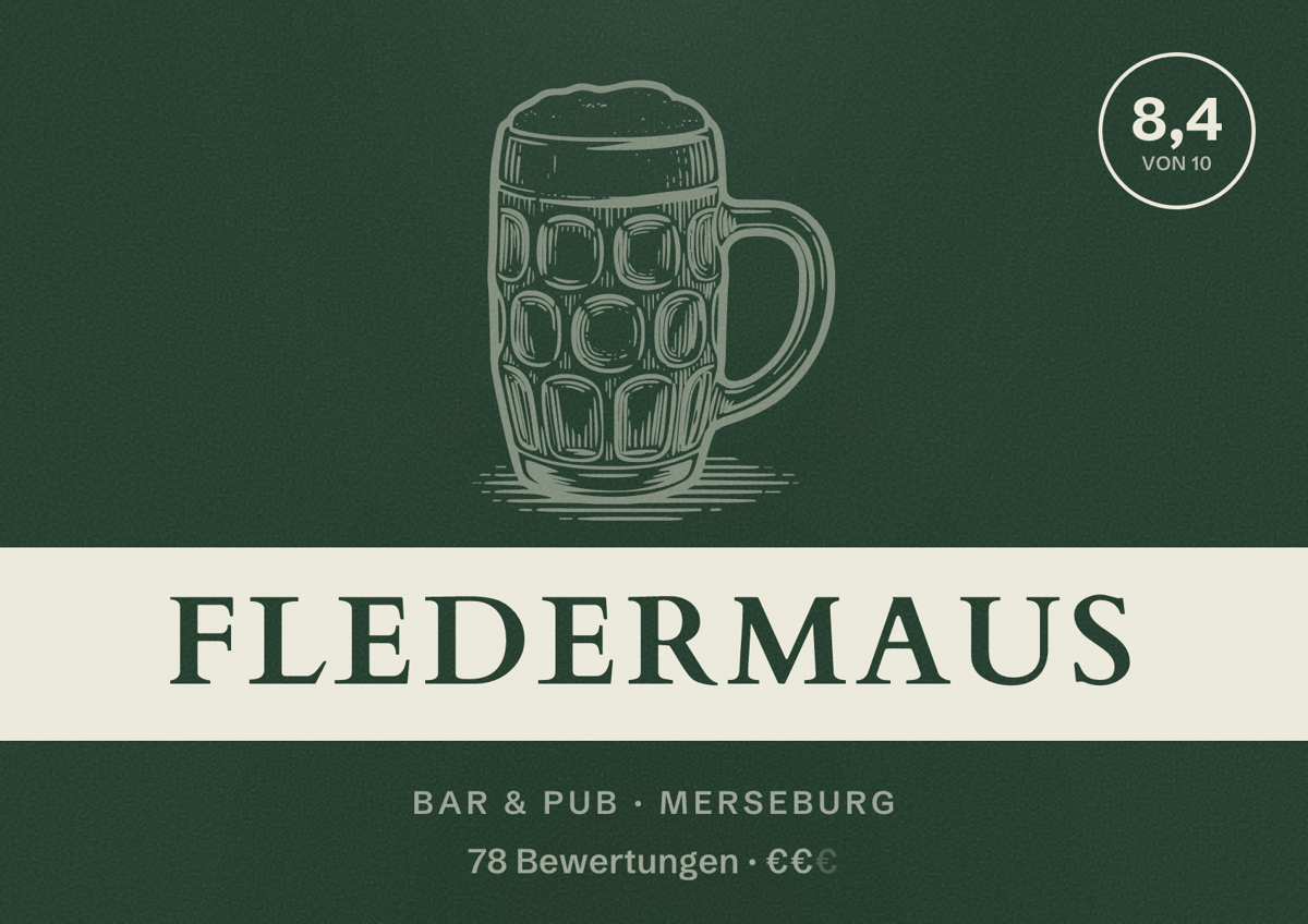 Illustriertes Poster von Fledermaus, Bar & Pub in Merseburg: Bewertung 8,4 von 10 aus 78 Bewertungen, Preisniveau €€
