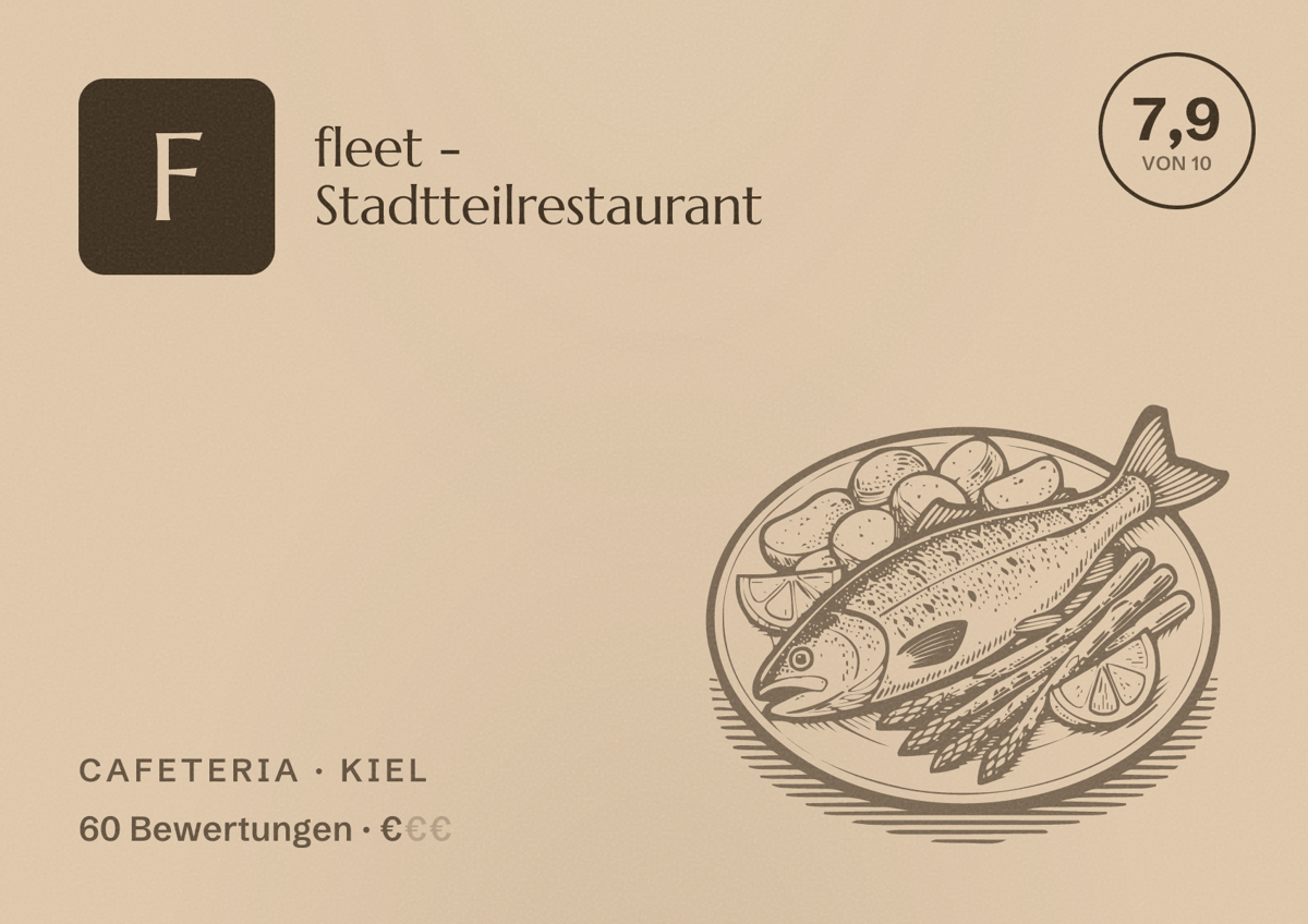 Illustriertes Poster von fleet - Stadtteilrestaurant, Cafeteria in Kiel: Bewertung 7,9 von 10 aus 60 Bewertungen, Preisniveau €