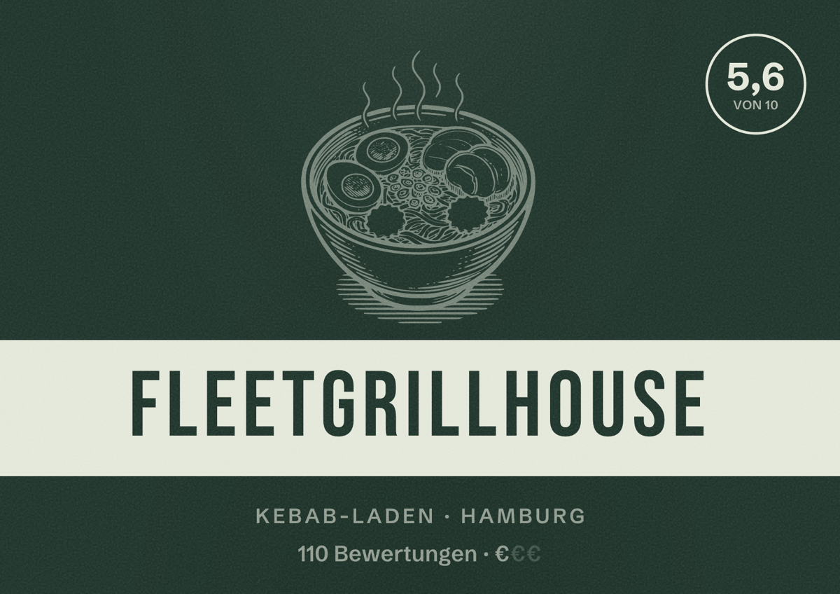Illustriertes Poster von Fleetgrillhouse, Kebab-Laden in Hamburg: Bewertung 5,6 von 10 aus 110 Bewertungen, Preisniveau €
