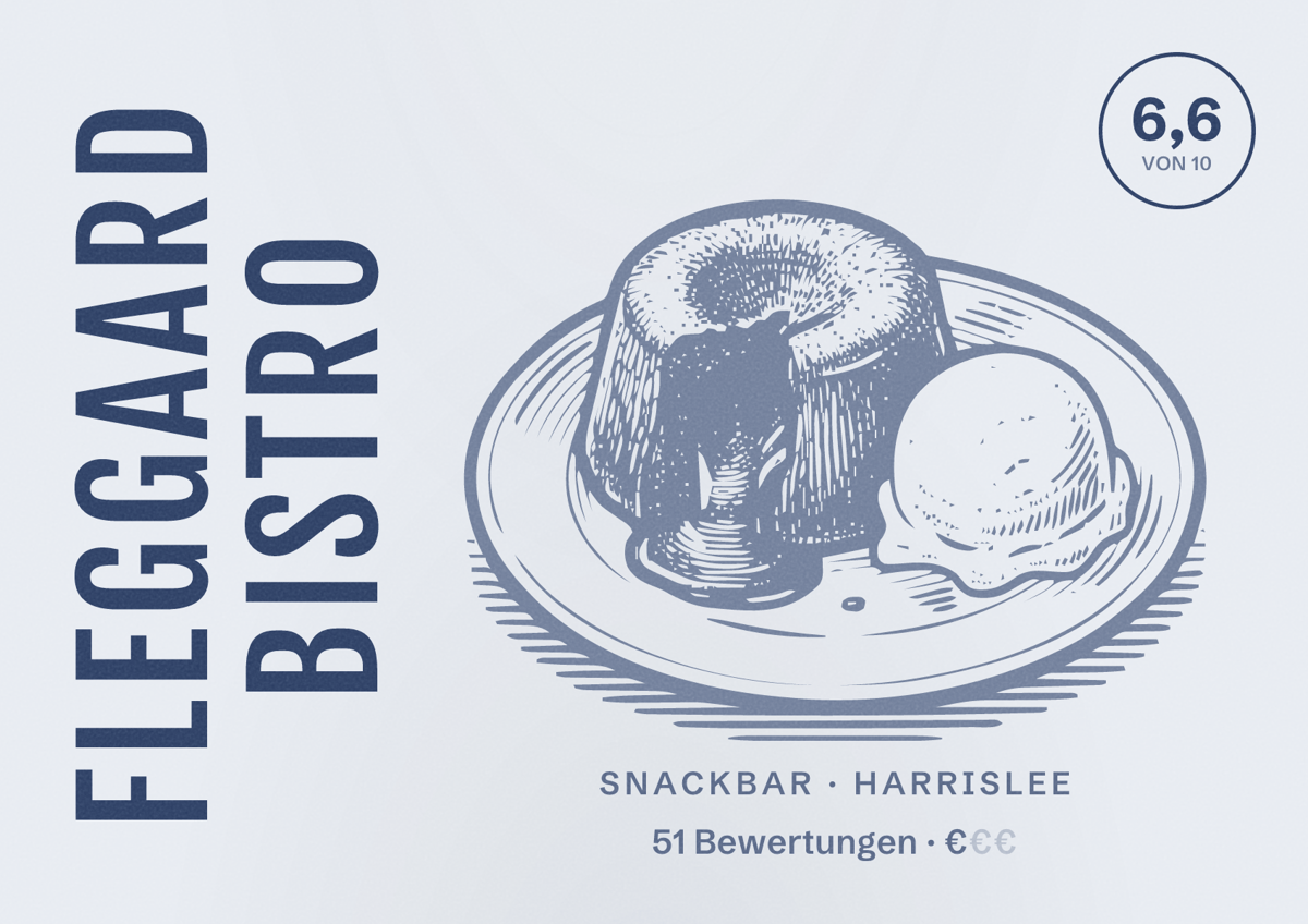 Illustriertes Poster von Fleggaard Bistro, Snackbar in Harrislee: Bewertung 6,6 von 10 aus 51 Bewertungen, Preisniveau €