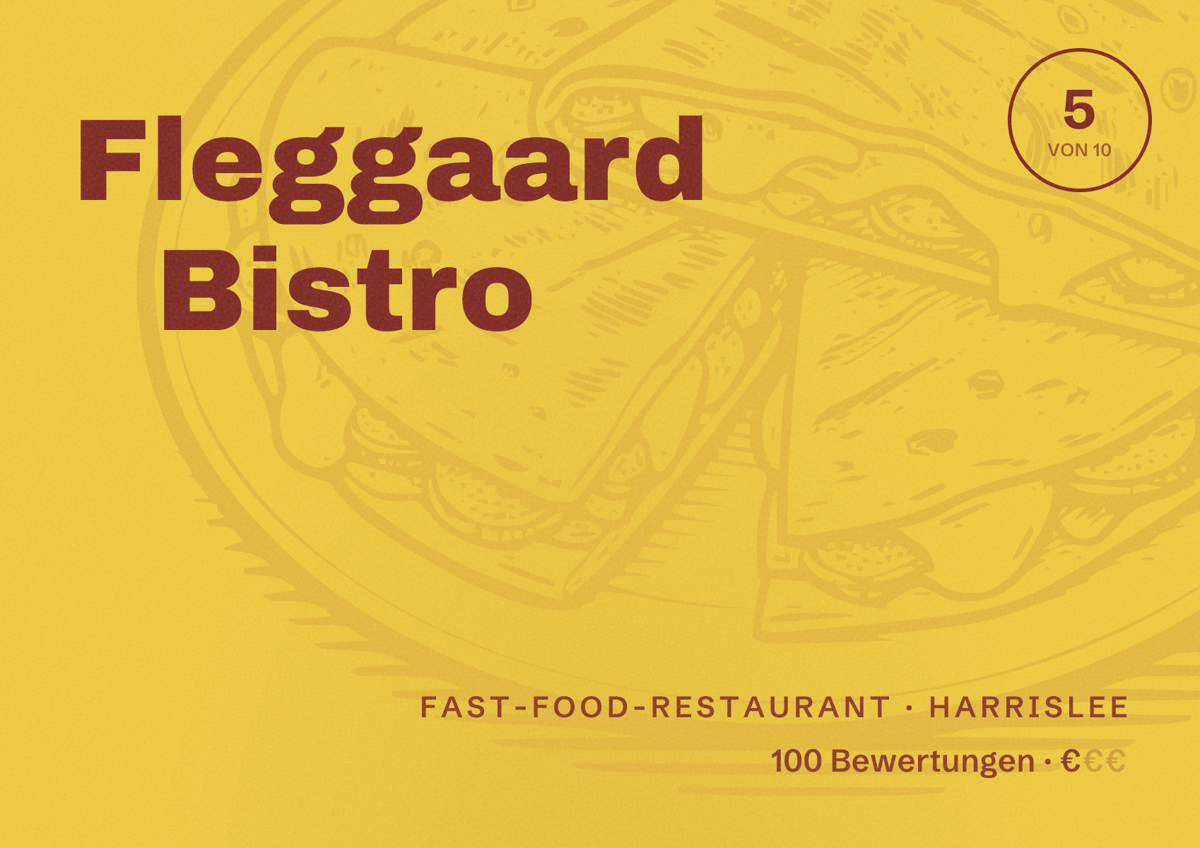 Illustriertes Poster von Fleggaard Bistro, Fast-Food-Restaurant in Harrislee: Bewertung 5 von 10 aus 100 Bewertungen, Preisniveau €