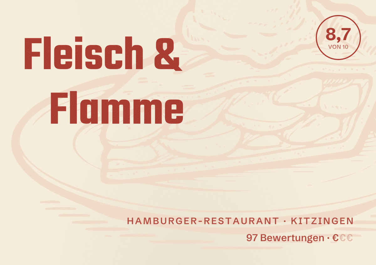 Illustriertes Poster von Fleisch & Flamme, Hamburger-Restaurant in Kitzingen: Bewertung 8,7 von 10 aus 97 Bewertungen, Preisniveau €