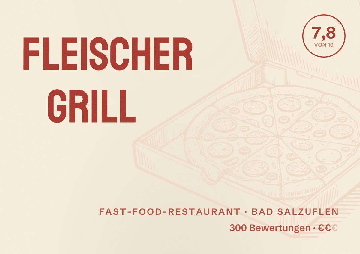 Illustriertes Poster von Fleischer Grill, Fast-Food-Restaurant in Bad Salzuflen: Bewertung 7,8 von 10 aus 300 Bewertungen, Preisniveau €€