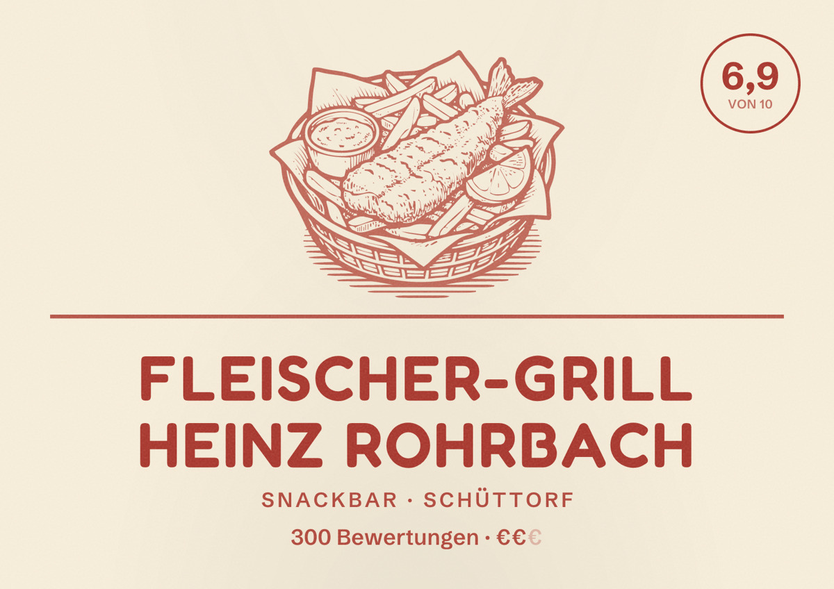 Illustriertes Poster von Fleischer-Grill Heinz Rohrbach, Snackbar in Schüttorf: Bewertung 6,9 von 10 aus 300 Bewertungen, Preisniveau €€