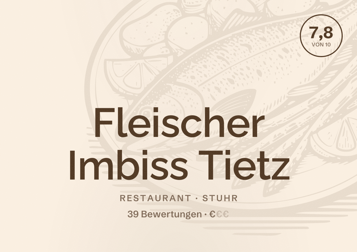 Illustriertes Poster von Fleischer Imbiss Tietz, Restaurant in Stuhr: Bewertung 7,8 von 10 aus 39 Bewertungen, Preisniveau €