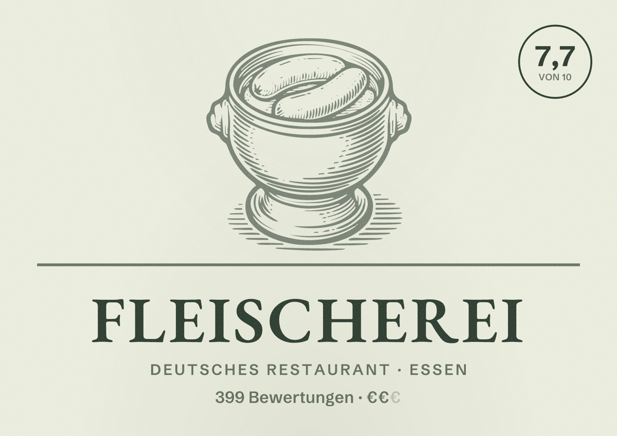 Illustriertes Poster von Fleischerei, Deutsches Restaurant in Essen: Bewertung 7,7 von 10 aus 399 Bewertungen, Preisniveau €€