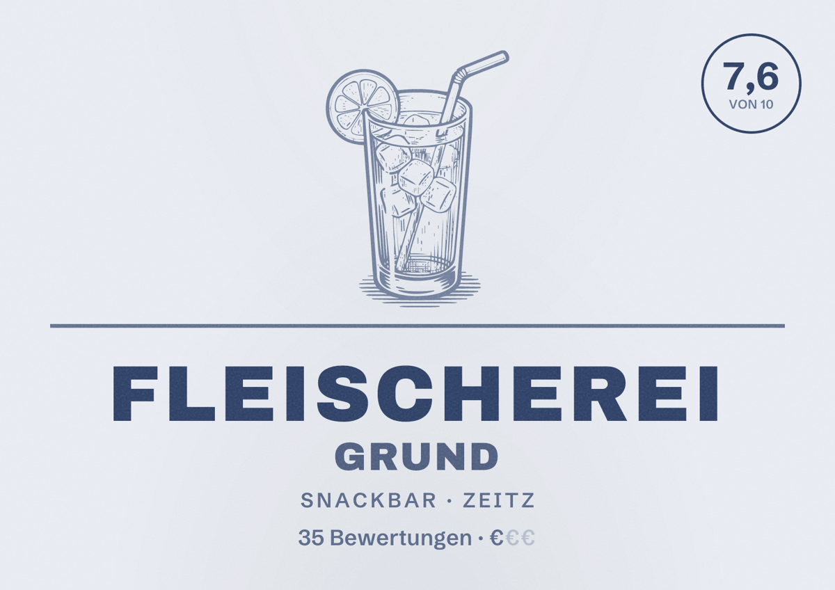 Illustriertes Poster von Fleischerei Grund, Snackbar in Zeitz: Bewertung 7,6 von 10 aus 35 Bewertungen, Preisniveau €