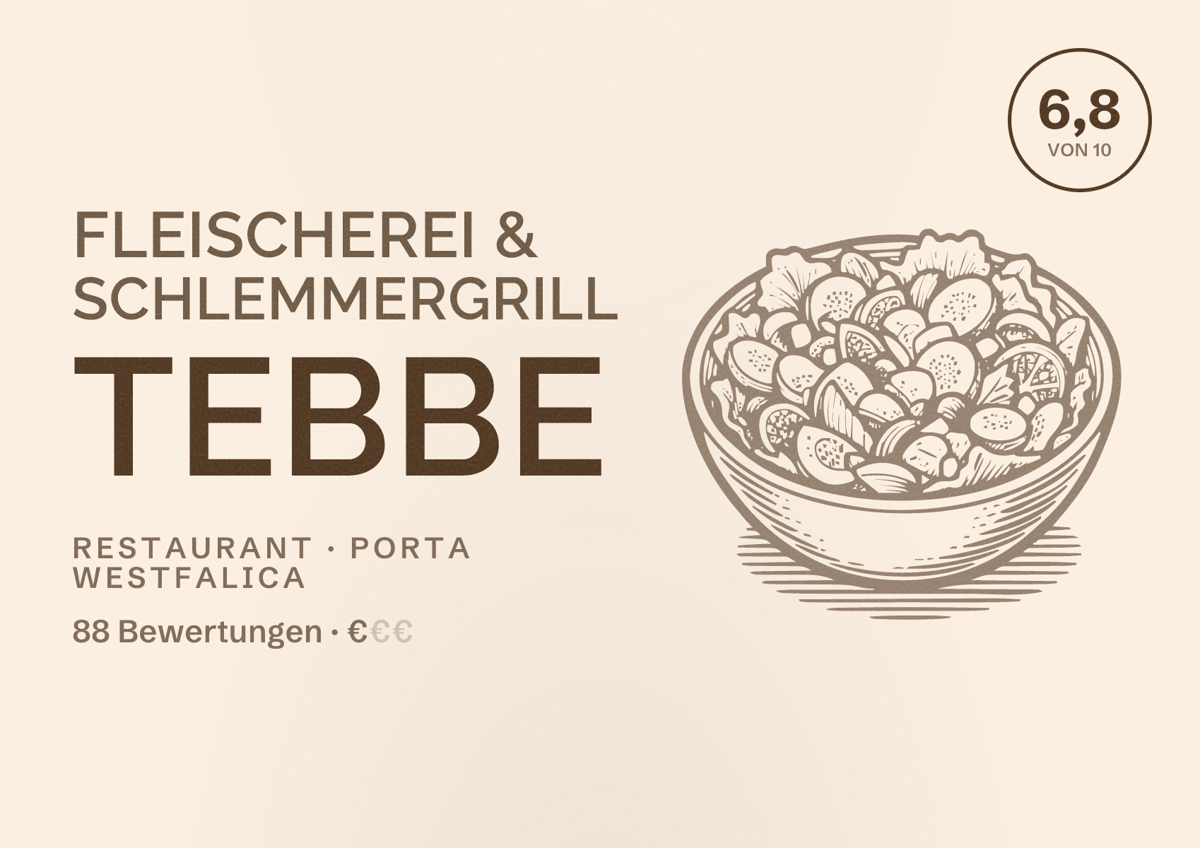 Illustriertes Poster von Fleischerei & Schlemmergrill Tebbe, Restaurant in Porta Westfalica: Bewertung 6,8 von 10 aus 88 Bewertungen, Preisniveau €