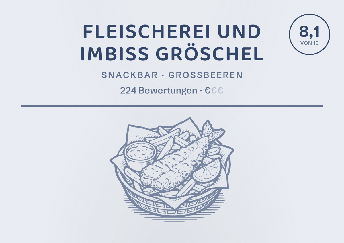 Illustriertes Poster von Fleischerei und Imbiss Gröschel, Snackbar in Großbeeren: Bewertung 8,1 von 10 aus 224 Bewertungen, Preisniveau €