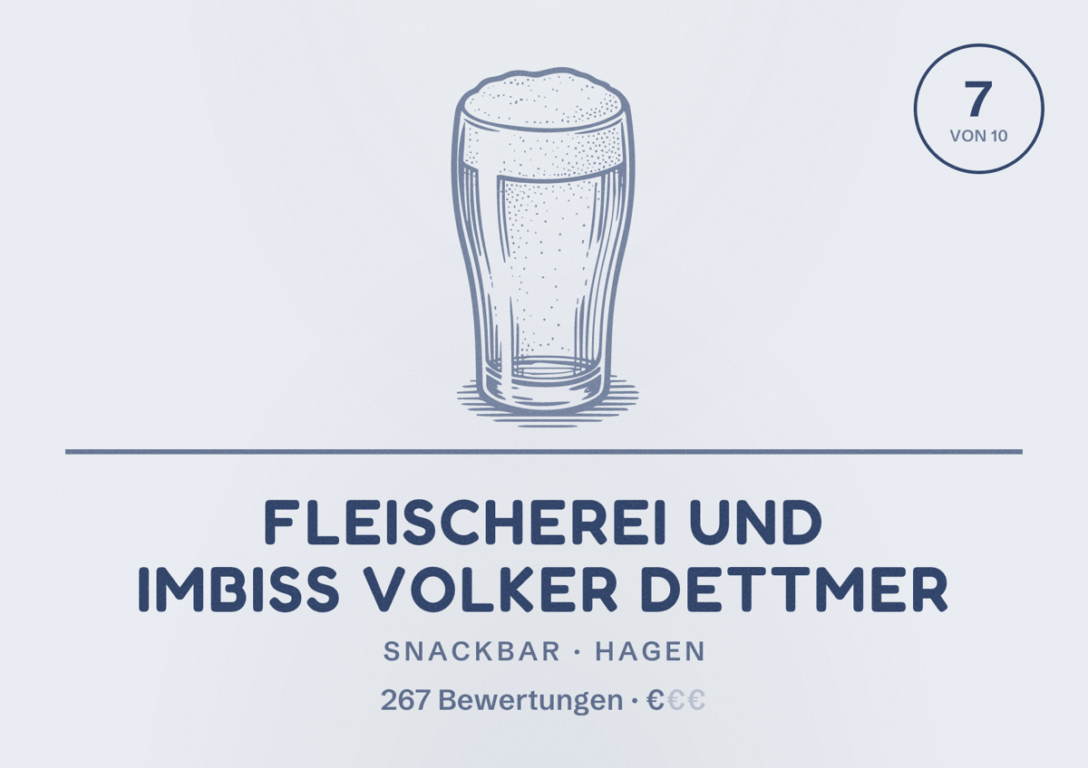Illustriertes Poster von Fleischerei und Imbiss Volker Dettmer, Snackbar in Hagen: Bewertung 7 von 10 aus 267 Bewertungen, Preisniveau €