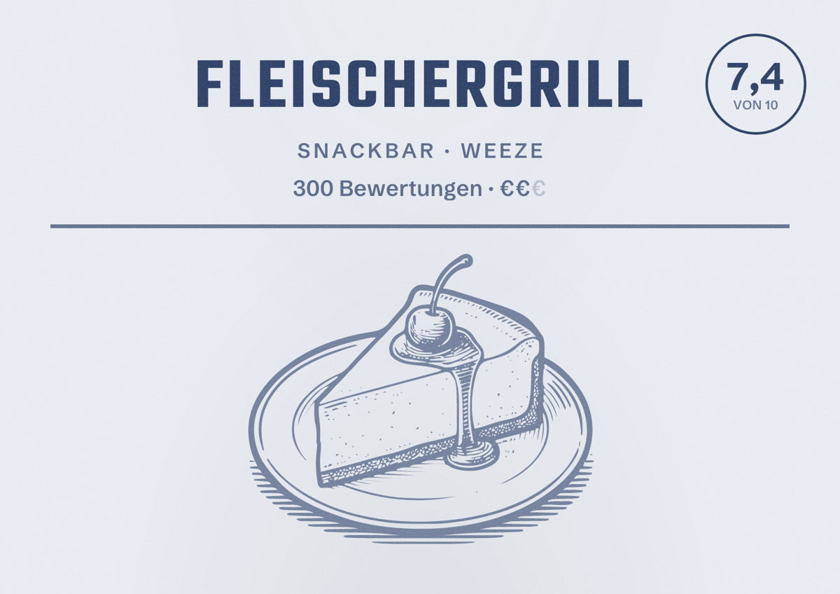 Illustriertes Poster von Fleischergrill, Snackbar in Weeze: Bewertung 7,4 von 10 aus 300 Bewertungen, Preisniveau €€
