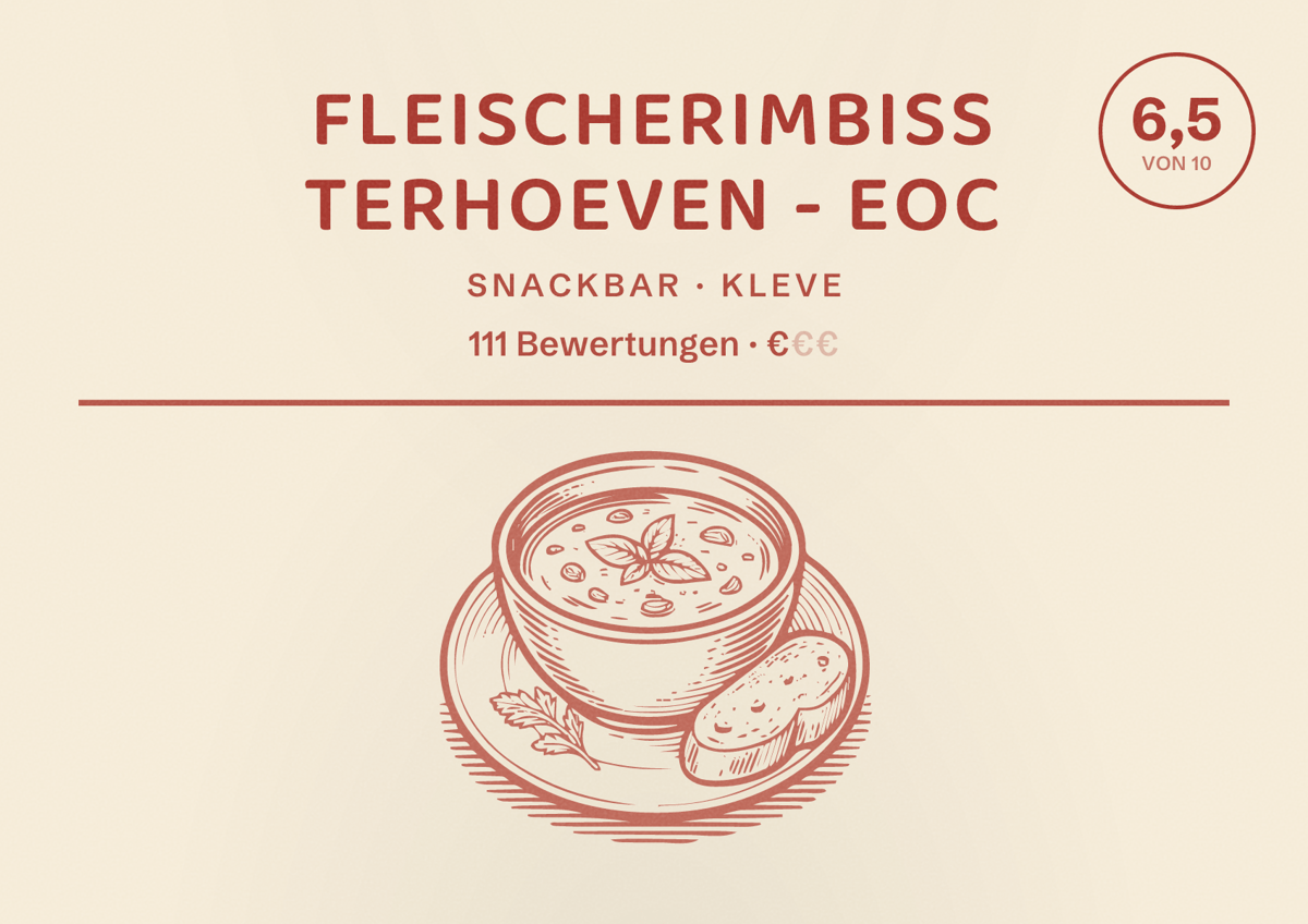 Illustriertes Poster von Fleischerimbiss Terhoeven - EOC, Snackbar in Kleve: Bewertung 6,5 von 10 aus 111 Bewertungen, Preisniveau €