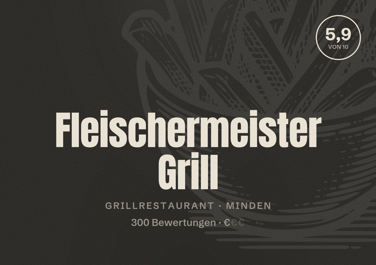 Illustriertes Poster von Fleischermeister Grill, Grillrestaurant in Minden: Bewertung 5,9 von 10 aus 300 Bewertungen, Preisniveau €