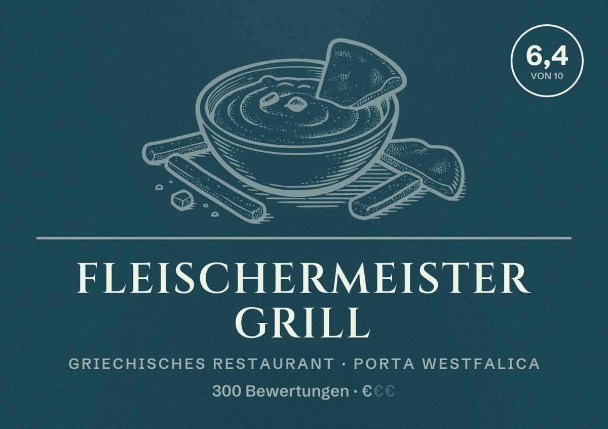 Illustriertes Poster von Fleischermeister Grill, Griechisches Restaurant in Porta Westfalica: Bewertung 6,4 von 10 aus 300 Bewertungen, Preisniveau €