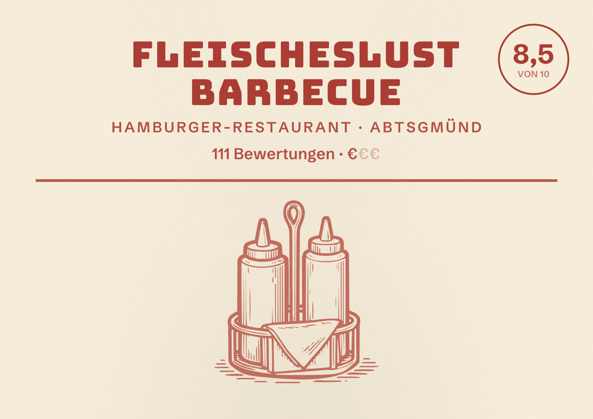 Illustriertes Poster von Fleischeslust Barbecue, Hamburger-Restaurant in Abtsgmünd: Bewertung 8,5 von 10 aus 111 Bewertungen, Preisniveau €