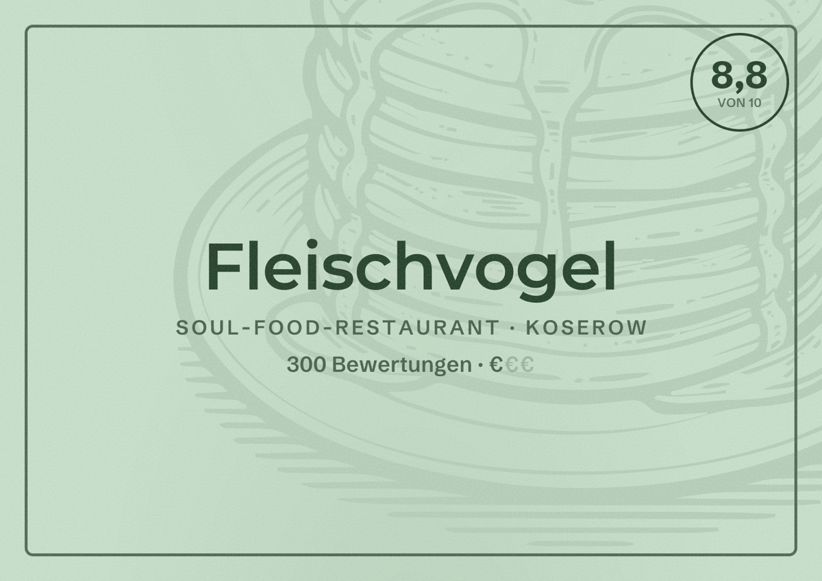 Illustriertes Poster von Fleischvogel, Soul-Food-Restaurant in Koserow: Bewertung 8,8 von 10 aus 300 Bewertungen, Preisniveau €